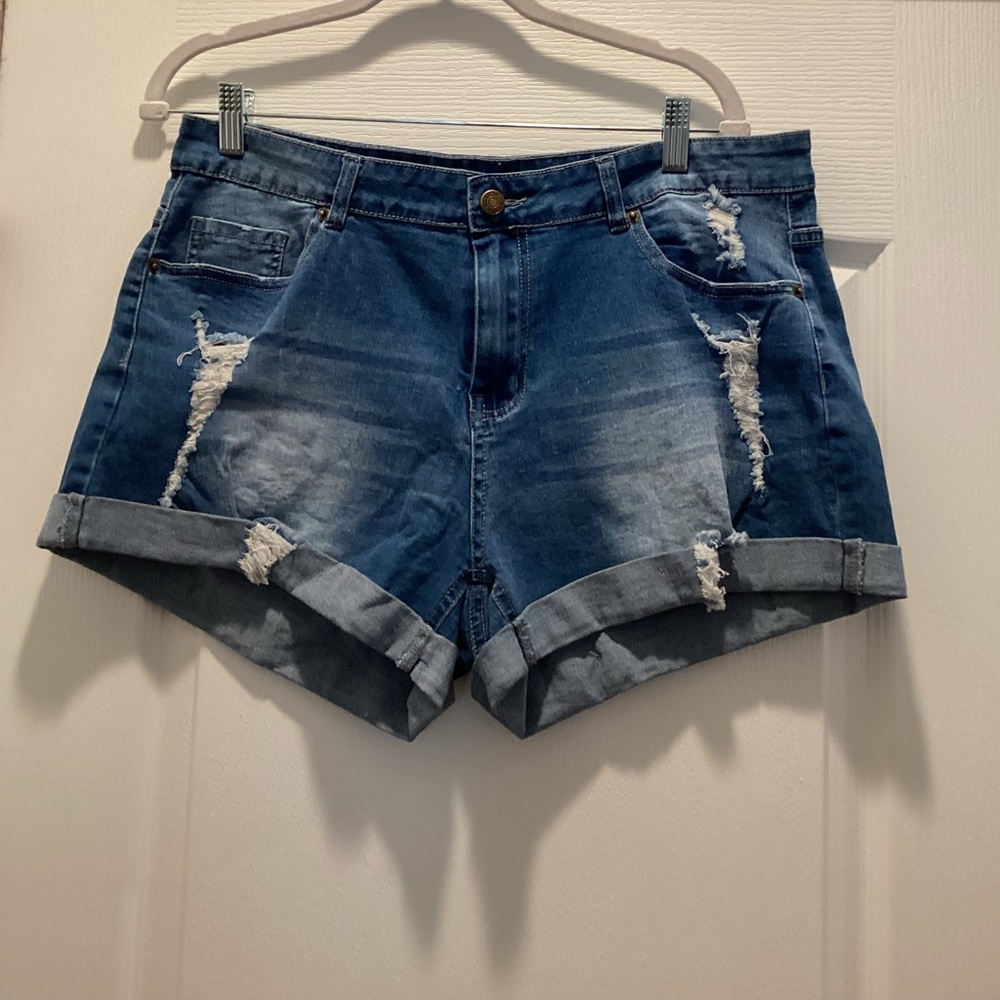 Denim Ripped Cuffed Shorts - Blue